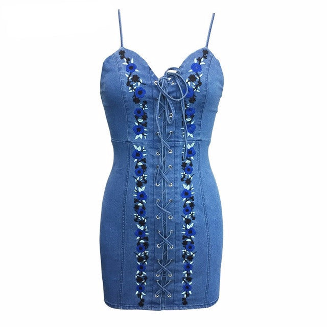 Sexy lace up flower denim dress