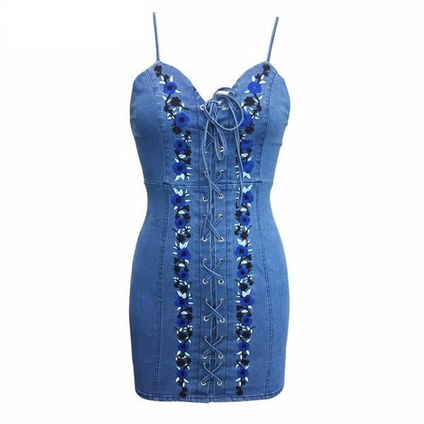Sexy lace up flower denim dress