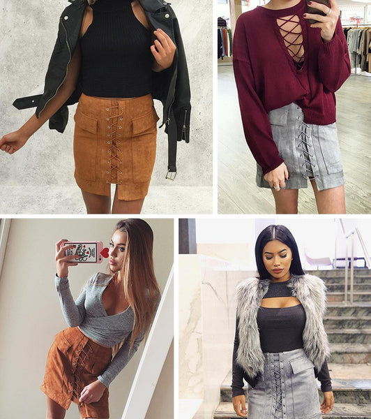 90's suede lace up women skirt