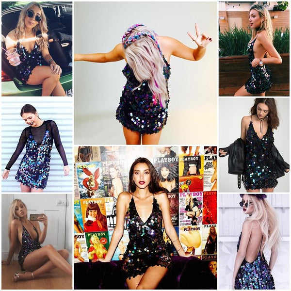 Luxury Deep V sequin backless sundress