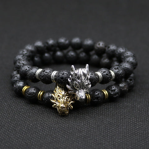 Wolf Head Lava Bead Bracelet