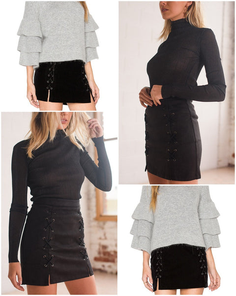 Sexy lace up suede pencil skirt